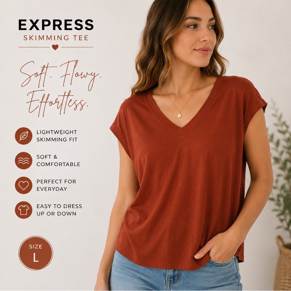 Express Skimming Tee Rust Orange V Neck Top Size L Lightweight Relaxed Fit